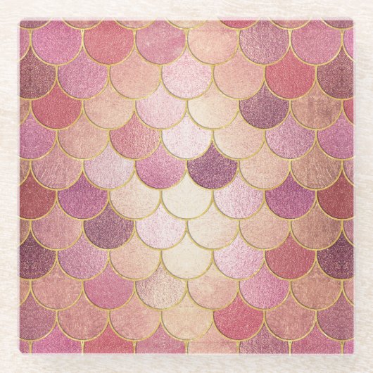 バラ金ゴールドきらめくマーメイドスケールパターン ガラスコースター (正面)