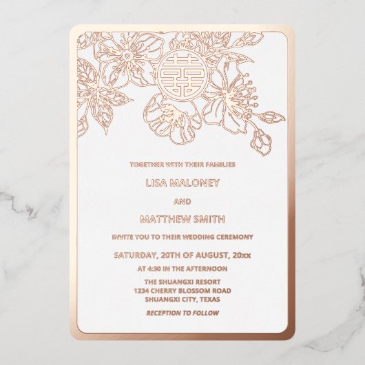 バラ金ゴールドさくらんぼ中国の結婚ブロッサム 箔招待状 (正面)