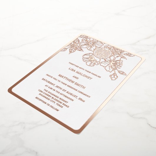 バラ金ゴールドさくらんぼ中国の結婚ブロッサム 箔招待状 (回転した状態)