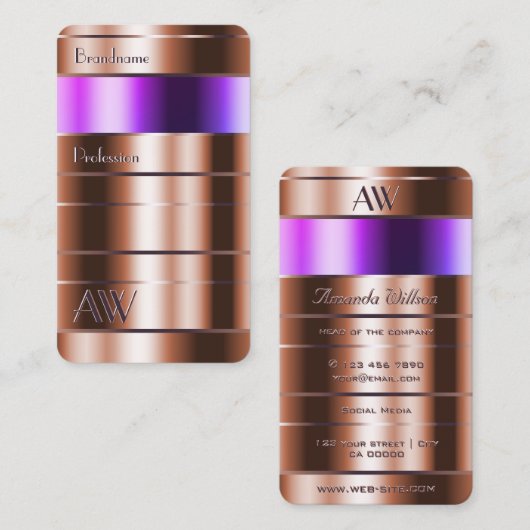 バラ金ゴールドとイニシャル付きピンクパープルグラデーション 名刺 (正面/裏面)