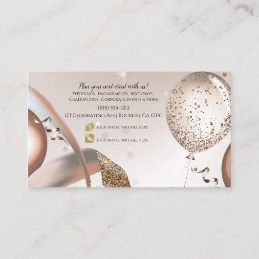 バラ金ゴールドとグリッターバルーンパーティーソーシャルメディア 名刺 (裏面)