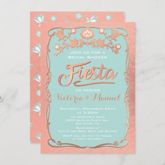 バラ金ゴールドとグリッターメキシコフィエスタブライダルシャワー 招待状 (正面/裏面)