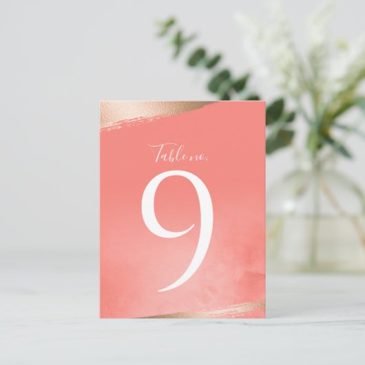 バラ金ゴールドとコーラルウォーター結婚カラーのテーブルカード ポストカード (スタンド正面)