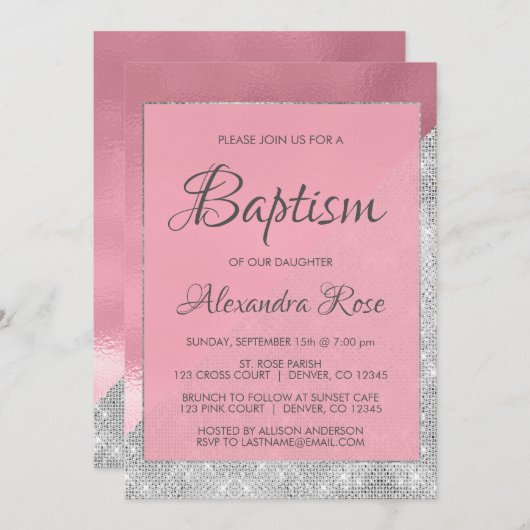 バラ金ゴールドとシルバースパークルベビーガールバプテスマ 招待状 (正面/裏面)