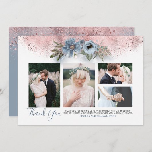 バラ金ゴールドとダスティー結婚ブルーの写真カード 招待状 (正面/裏面)