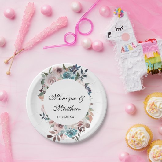 バラ金ゴールドとティール（緑がかった色）植物牡丹結婚の ペーパープレート (パーティー)