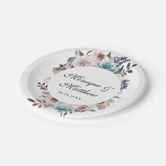 バラ金ゴールドとティール（緑がかった色）植物牡丹結婚の ペーパープレート (アングル)