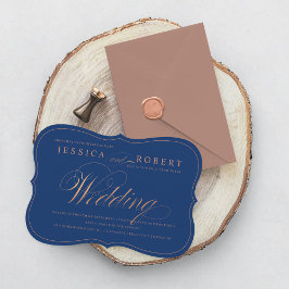 バラ金ゴールドとネイビーエレガントブルースクリ結婚プト 招待状