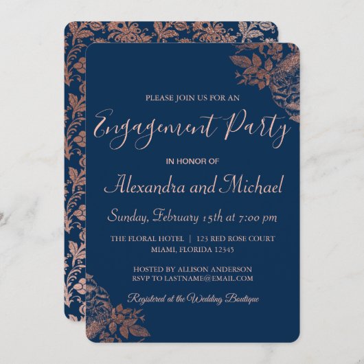 バラ金ゴールドとネイビーブルーバラ婚約パーティ 招待状 (正面/裏面)