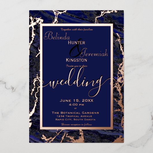 バラ金ゴールドとネイビー5" x 7"フォイル結婚式招待状 箔招待状 (正面)