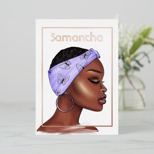 バラ金ゴールドとパープルアフロ誕生日パーティー 箔招待状 (立ち正面)