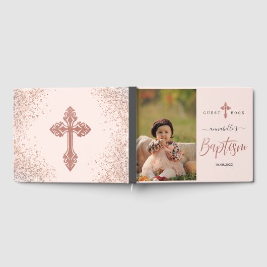 バラ金ゴールドとピンクのフォトガールバプテスマ ゲストブック (全面)