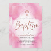 バラ金ゴールドとピンクの水彩少女バプテスマ 招待状 (正面/裏面)