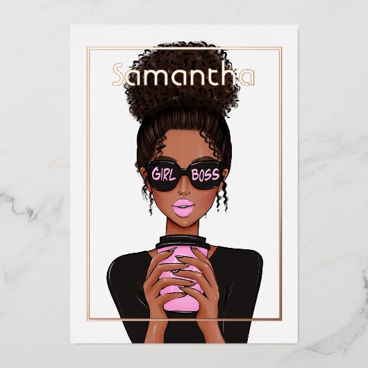 バラ金ゴールドとピンクアフロ誕生日パーティーフォイルインビタ 箔招待状 (正面)