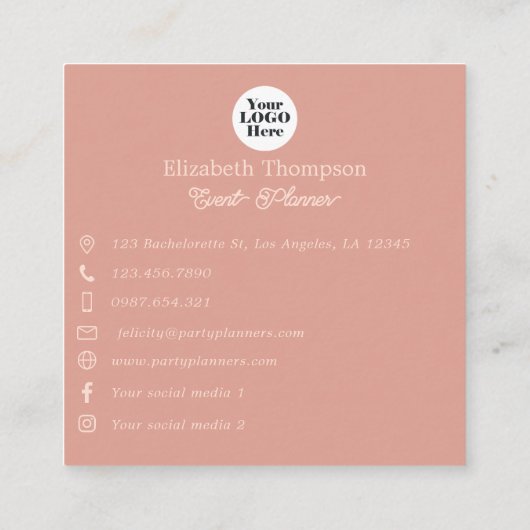 バラ金ゴールドとピンクイベントプランナーソーシャルメディアのアイコン スクエア名刺 (裏面)