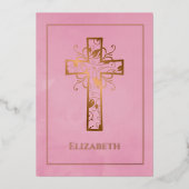 バラ金ゴールドとピンクバプテスマまたは《キリスト教》洗礼式や命名式フィリグリー 箔招待状 (正面)