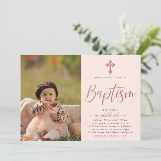 バラ金ゴールドとピンクフォトガールバプテスマ招待状 招待状 (スタンド正面)