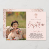 バラ金ゴールドとピンクフォトガールバプテスマ招待状 招待状 (正面/裏面)