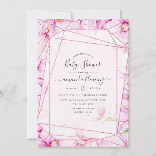 バラ金ゴールドとピンクマグノリア幾何学赤ちゃんシャワー 招待状 (正面)