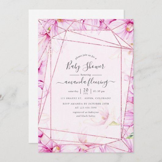 バラ金ゴールドとピンクマグノリア幾何学赤ちゃんシャワー 招待状 (正面/裏面)