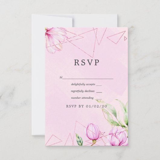 バラ金ゴールドとピンクマグノリア幾何結婚の 出欠カード (正面)