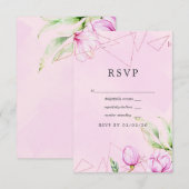 バラ金ゴールドとピンクマグノリア幾何結婚の 出欠カード (正面/裏面)