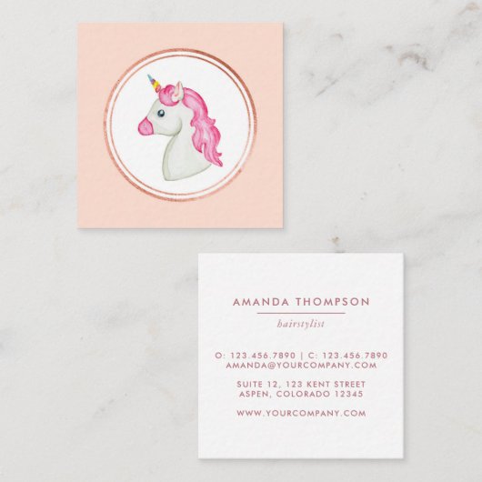 バラ金ゴールドとピンクユニコーンヘアスタイリストメディアアイコン スクエア名刺 (正面/裏面)