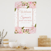 バラ金ゴールドとピンク牡丹ベビーシャワー歓迎サイン ポスター (キッチン)