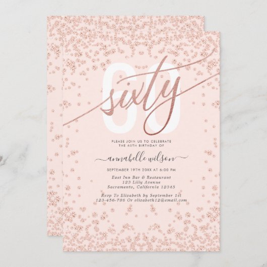 バラ金ゴールドとピンク60歳誕生日パーティーの招待 招待状 (正面/裏面)