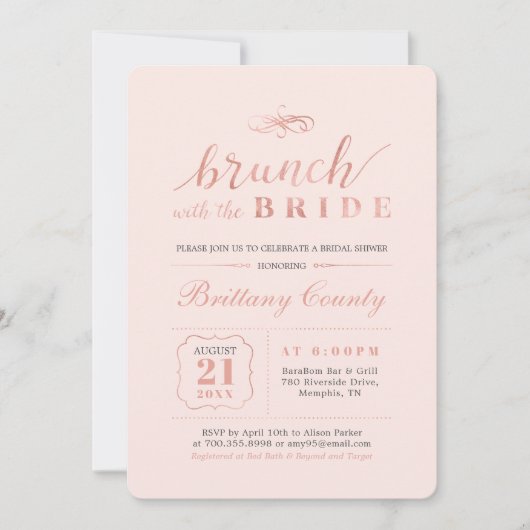 バラ金ゴールドとピンク | エレガントウェディングブライダルブランチ 招待状 (正面)