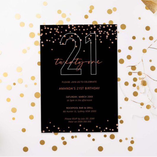 バラ金ゴールドとブラックグリッタースパークル21歳の誕生日 招待状