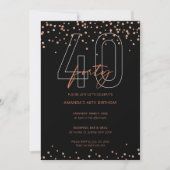 バラ金ゴールドとブラックグリッタースパークル40歳の誕生日 招待状 (正面)