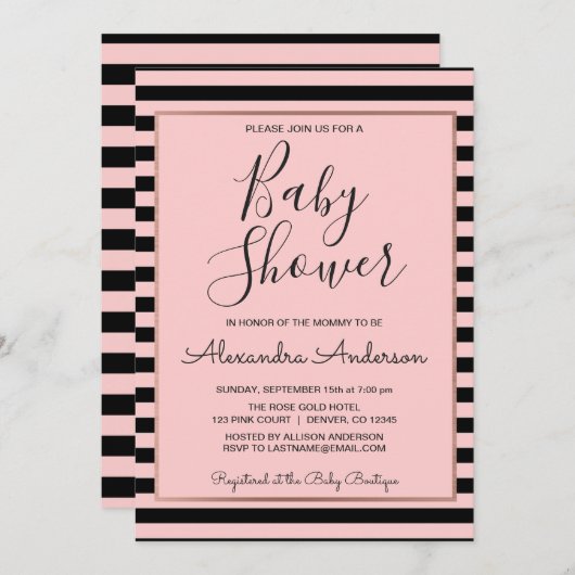 バラ金ゴールドとブラックストライプベビーシャワー 招待状 (正面/裏面)