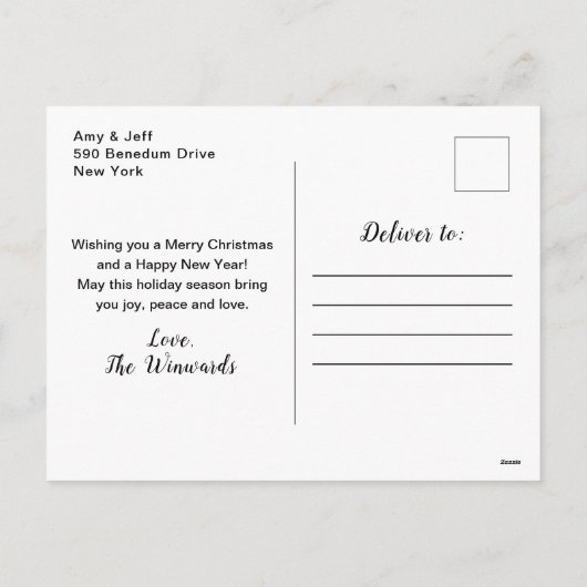 バラ金ゴールドとブラックリボンツリーメリークリスマス シーズンポストカード (裏面)