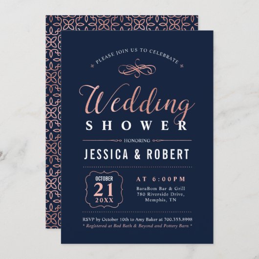 バラ金ゴールドとブラック | カップルエレガントウェディングシャワー 招待状 (正面/裏面)