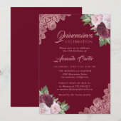 バラ金ゴールドとブルガンディキンセニェラ15誕生日 招待状 (正面/裏面)