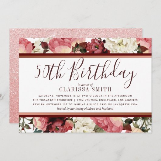バラ金ゴールドとブルゴーニュの花50th誕生日パーティー 招待状 (正面/裏面)