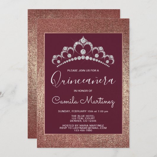 バラ金ゴールドとブルゴーニュキンセアニェラとティアラ 招待状 (正面/裏面)