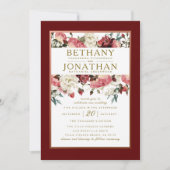 バラ金ゴールドとブルゴーニュフローラ結婚式招待状 招待状 (正面)