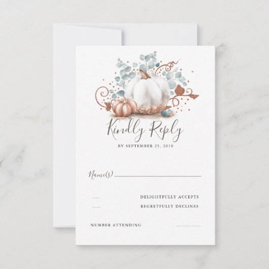 バラ金ゴールドとホワイトカボチャ秋の結婚式RSVP 出欠カード (正面)