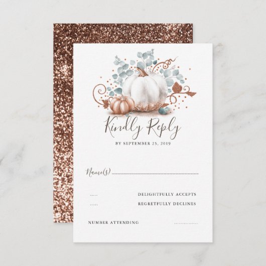 バラ金ゴールドとホワイトカボチャ秋の結婚式RSVP 出欠カード (正面/裏面)