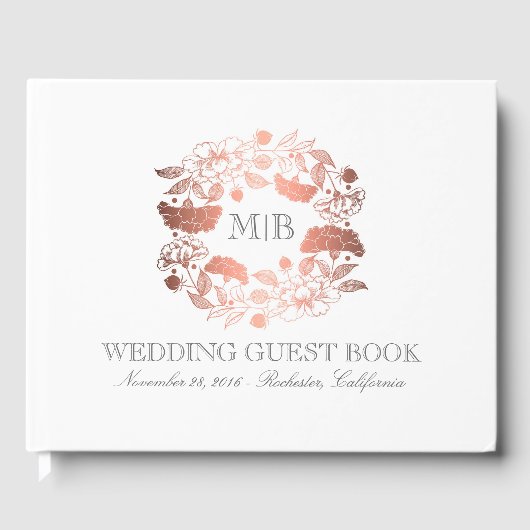 バラ金ゴールドとホワイトフローラリースエレガントな結婚式 ゲストブック (正面)