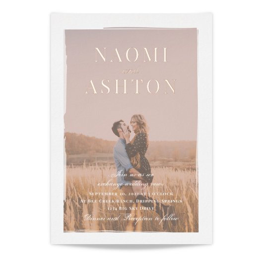 バラ金ゴールドと写真結婚のフォイル招待状 箔招待状