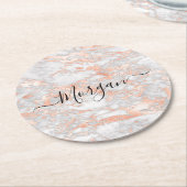 バラ金ゴールドと白大理石、黒のスクリプト名 ラウンドペーパーコースター (アングル)