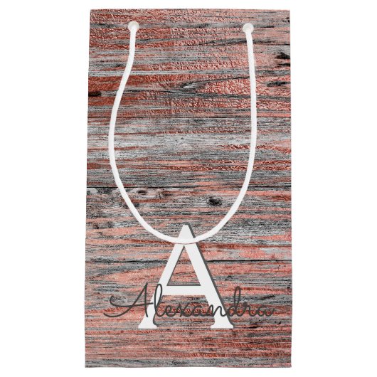 バラ金ゴールドと素朴ウッドモノグラム&イニシャル スモールペーパーバッグ (正面)