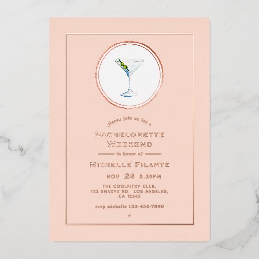 バラ金ゴールドと赤面カクテルバチェロレッテ週末 箔招待状 (正面)