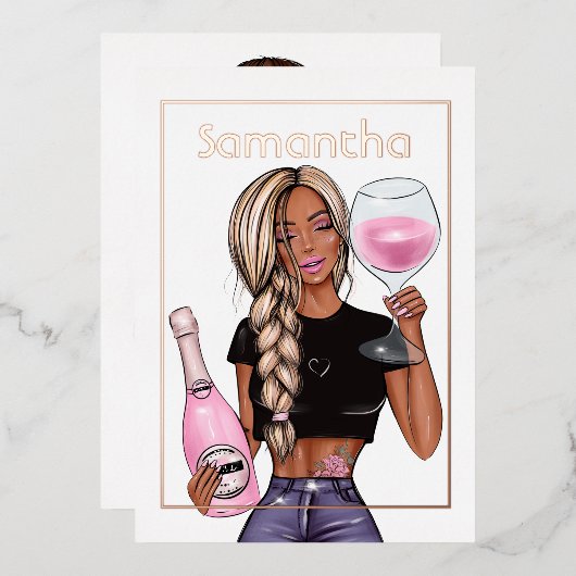 バラ金ゴールドと赤面ピンクシャンパンバースデーパーティー 箔招待状 (正面/裏面)