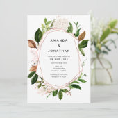 バラ金ゴールドと赤面ピンクジオメトリックグリーン結婚ズ 招待状 (スタンド正面)