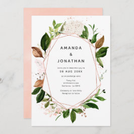 バラ金ゴールドと赤面ピンクジオメトリックグリーン結婚ズ 招待状