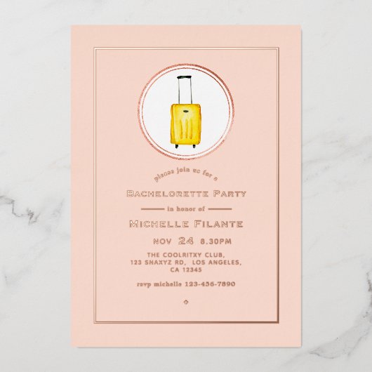 バラ金ゴールドと赤面ピンク旅行バチェロレッテ 箔招待状 (正面)